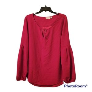 Bisou Bisou Women's Pink Balloon Sleeve Blouse with Tie Neck, Size XL